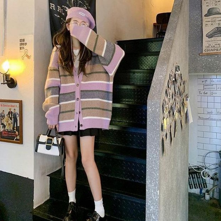 Skyciky 일본 스타일 느긋한 바람 복고풍 스트라이프 넉넉한 니트 가디건 여성 가을 시즌 만능 스웨터 외투 MD94