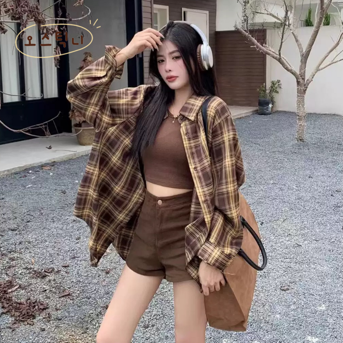 오스틱니 2025 초특가 여성용 가을 겨울 외출용 루즈핏 체크 셔츠