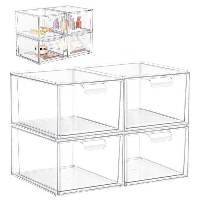 CROTOLO 세트 쌓을 수 있는 화장품 정리함, 투명 서랍 아크릴 플라스틱 보관함, 욕실화장대주방 캐비닛식료품 저장실용, 단일색상, 4개