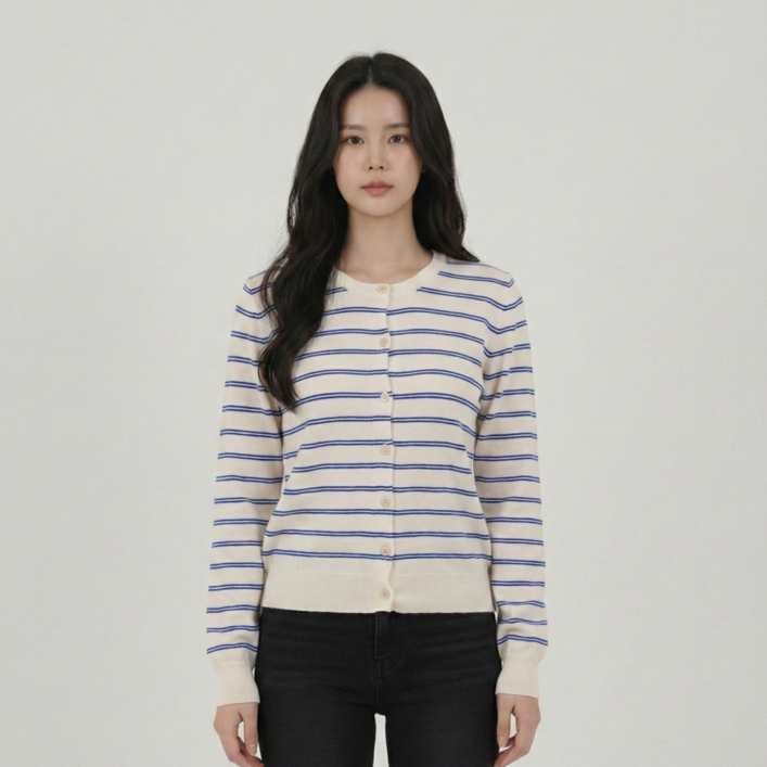 여성 스트라이프 라운드넥 니트 가디건