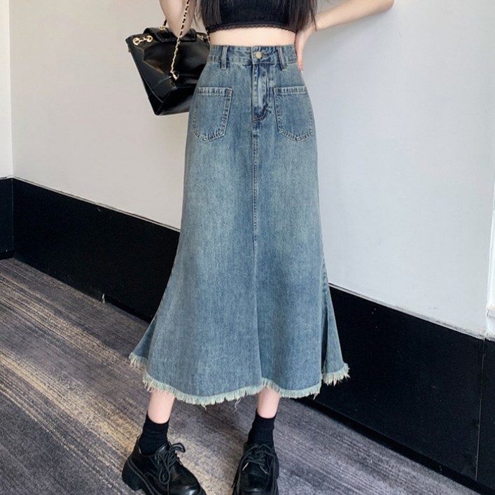 POMTOR 여름 데일리 빈티지 캐주얼 롱 청 치마 데님 스커트 POMTOR 여름 데일리 빈티지 캐주얼 롱 청 치마 데님 스커트