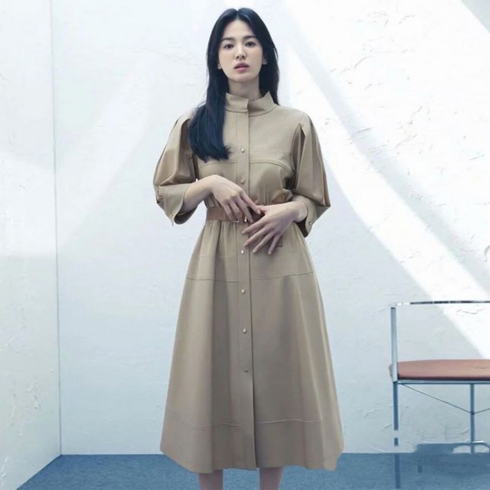 송혜교  스타일  봄  가을 여성 스탠드 칼라 미드 슬리브 스티치  드레스 원피스
