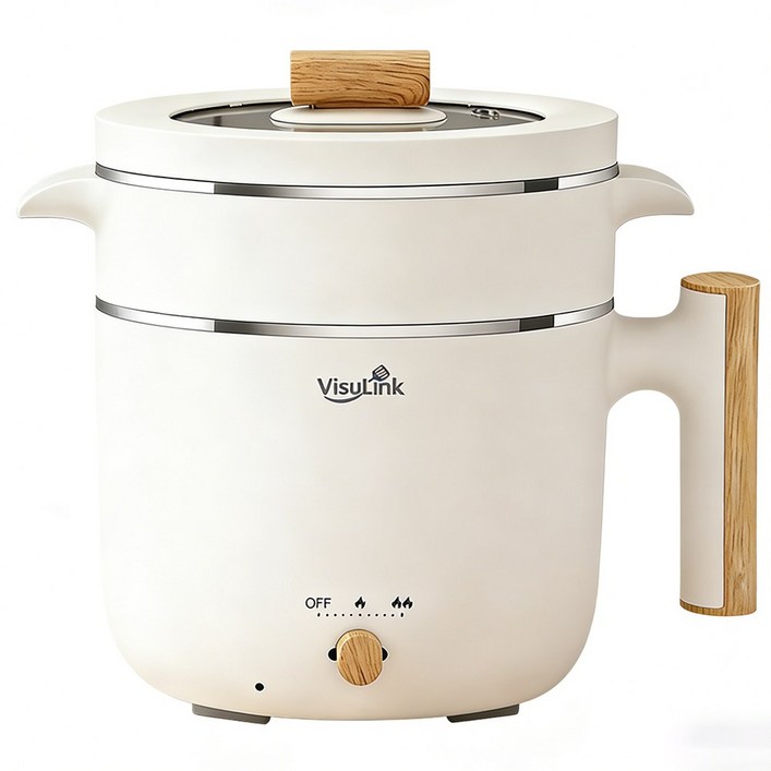 VisuLink 2in1 멀티 전기 냄비 1.5L 증조리 일체형 전기 냄비 2단계 화력 조절 가능 가정용 전기 핫팟라면 냄비, 흰색