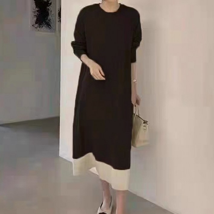 페이퍼먼츠 라운드 데일리 루즈핏 배색 니트 롱 원피스 07828
