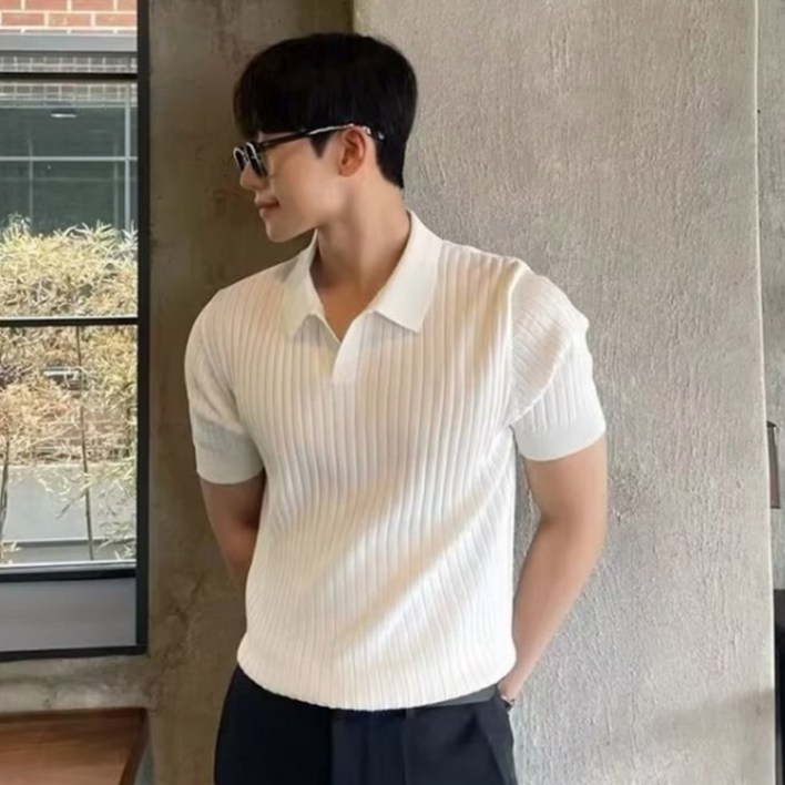 제이티엘 남성용 캐주얼 댄디 카라 니트 반팔 티셔츠