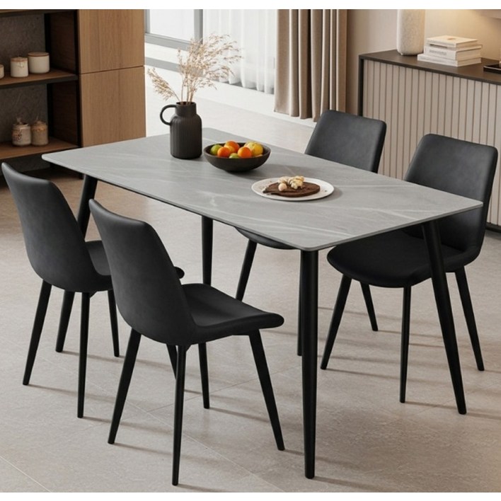 가드맨 1400 세라믹 식탁 테이블  쿠션의자 4P 세트 방문설치, 그레이마블테이블, 블랙의자, 일반의자 4