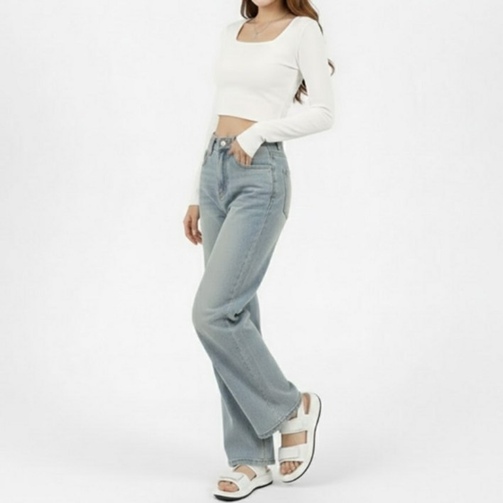 소니오 여성용 크롭 스퀘어 긴팔 티셔츠