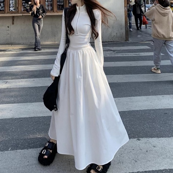 피어니스트 폴라 터틀넥 지퍼 반집업 롱 원피스