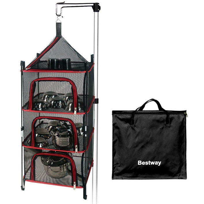 베스트웨이 스탠드 겸 케비넷 사각 올메쉬 건조망  휴대용 보관가방  폴대 4p, 레드, 1세트, 4단