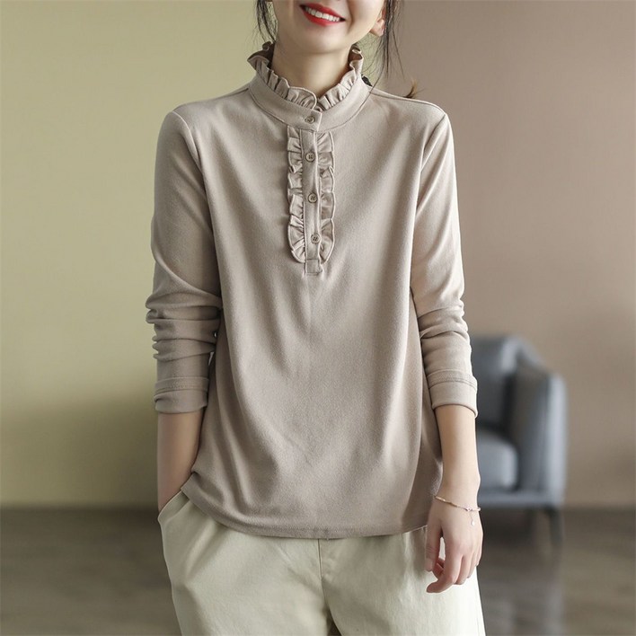 JIEVE 여자 가을 솔리드 프릴 루즈 긴팔 티셔츠 4컬러 SL022410