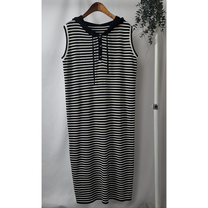 다루지 여성용 스트라이프 올블랙 나시 조끼 후드 레이어드 롱원피스