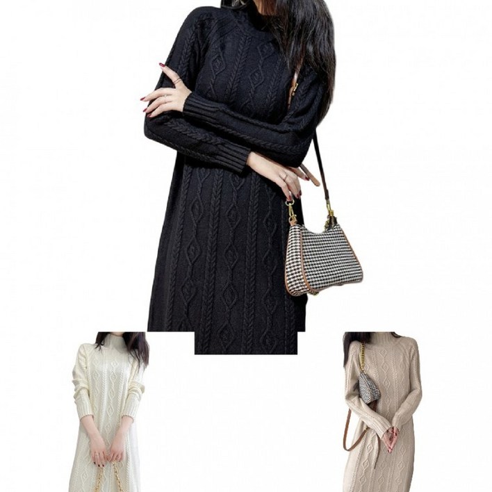 데일리픽샵 꽈배기 니트 원피스 긴팔 라운드넥 스웨터 루즈핏 CLBF1088