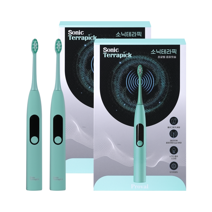 프로벨 음파전동칫솔 저자극 저소음 무선 3단계모드 칫솔모2개프로벨본사보증서, 2개, 민트민트, 소닉테라픽