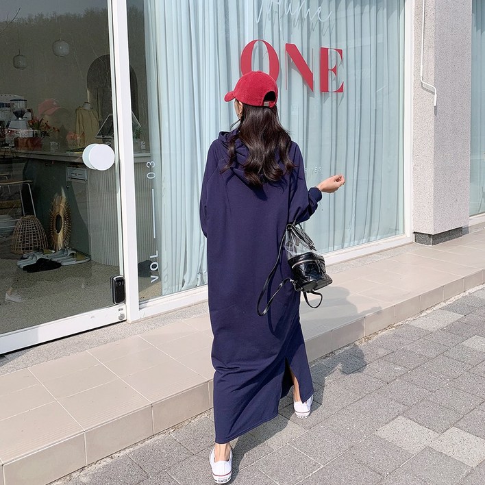 하이데일리 자체제작 캐주얼 다이마루 베이직 빅사이즈 루즈핏 면 긴팔 라온 후드 롱원피스