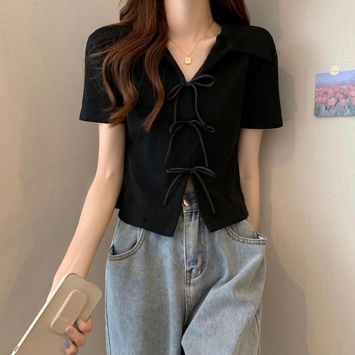 ANYOU 여름 반팔티 칼라 여성 리본 티셔츠 ANYOU 여름 반팔티 칼라 여성 리본 티셔츠
