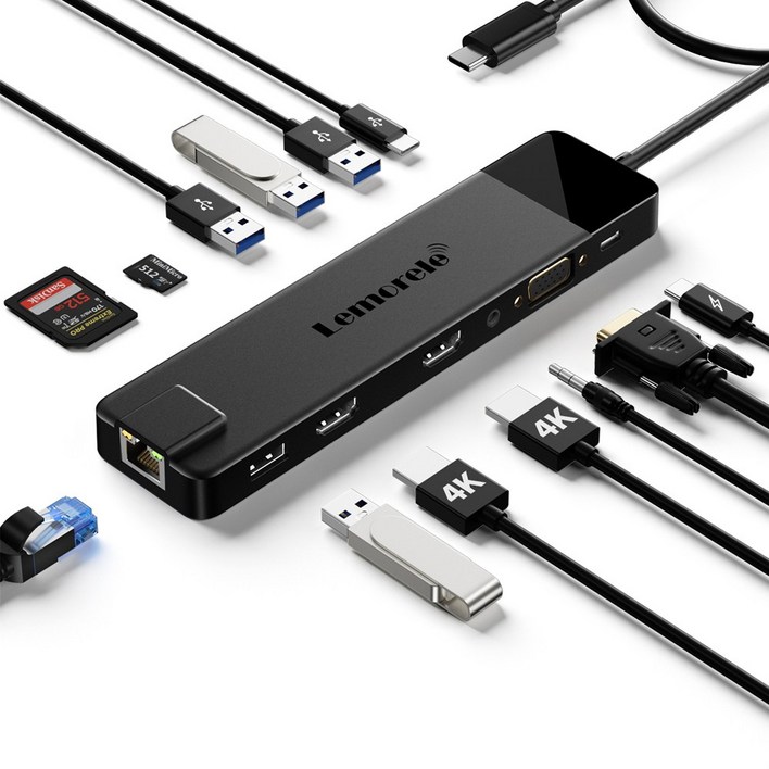 Lemorele 13 in1 USB C 허브 유형 C 도킹 스테이션 RJ45 PD 100W 어댑터 VGA 1000Mbps 기가비트 이더넷 4K USB 3.0 허브, 검정, 1개 Lemorele 13 in1 USB C 허브 유형 C 도킹 스테이션 RJ45 PD 100W 어댑터 VGA 1000Mbps 기가비트 이더넷 4K USB 3.0 허브, 검정, 1개
