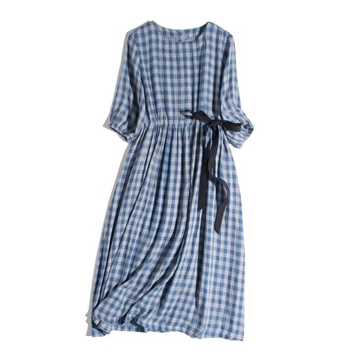 쌍천 이중 체크 반팔 라운드  체크 원피스슬림핏 허리 조임 원피스