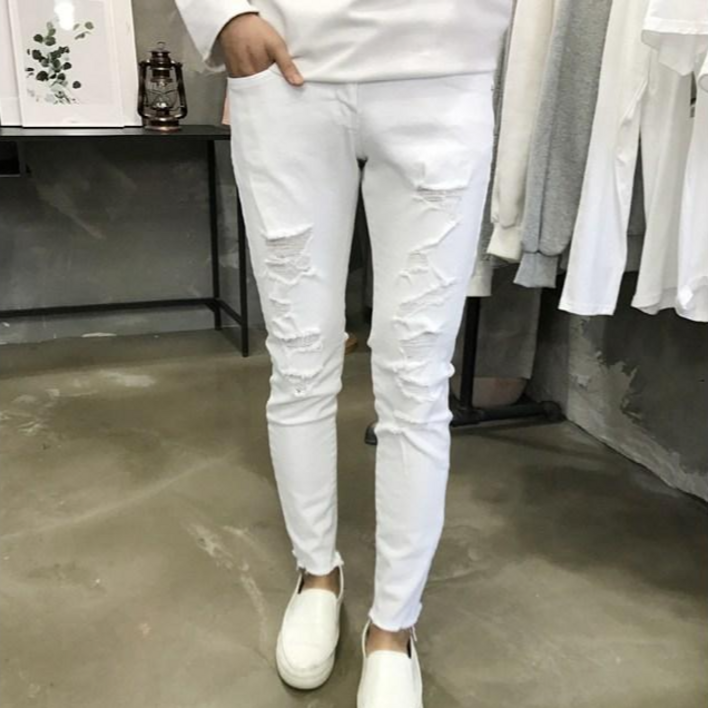 용된다 남성용 데미지 찢어진 화이트진 청바지 용된다 남성용 데미지 찢어진 화이트진 청바지