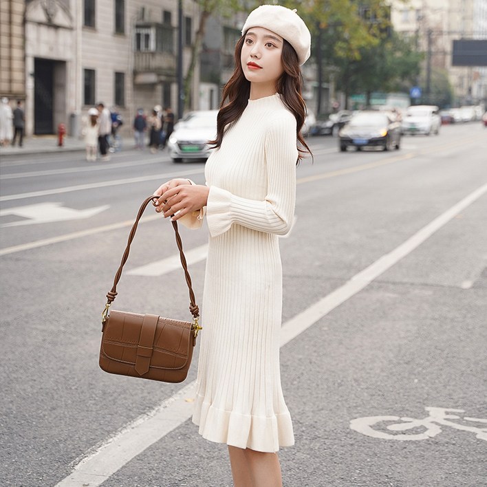 BLACK K7 여성 가을 통근 긴 소매 단색 슬림핏 니트 롱 원피스