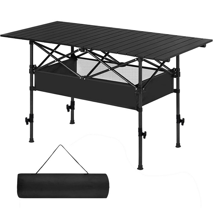 캠프 테이블 아웃도어 접이식 캠핑 테이블 롤 캠핑 테이블 조립 간편 경량 휴대 편리 방재 아웃도어 캠핑 낚시 피크닉 바베큐 수납 가방 포함, 블랙