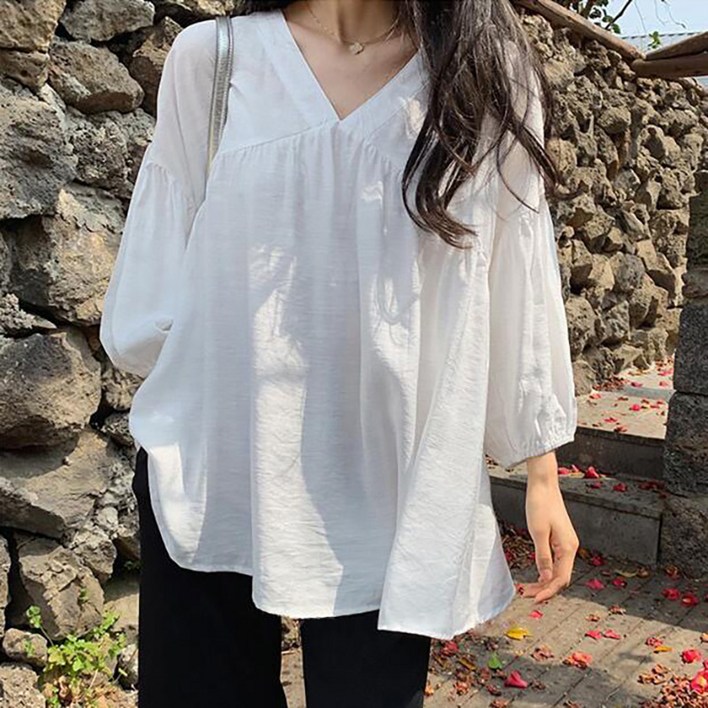 레티고 청순 브이넥 7부소매 긴팔 블라우스