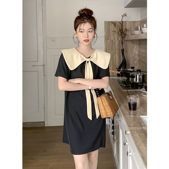 레인보우스타일 빅카라 블랙 미니 반팔 원피스 레인보우스타일 빅카라 블랙 미니 반팔 원피스
