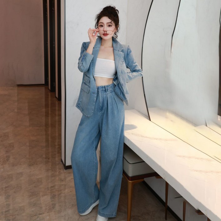 COSYEVNO 데님 정장 세트 여성 봄가을 패션 빅사이즈 루즈핏 청코트+와이드 청바지 캐주얼 투피스