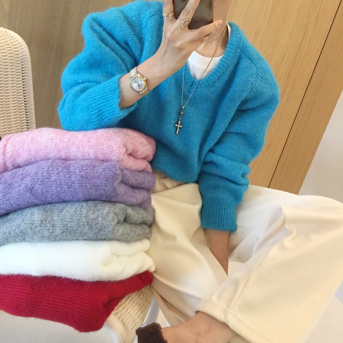 아이미마인 폭닥 브이넥 루즈핏 무지 레글런 긴팔니트 7color