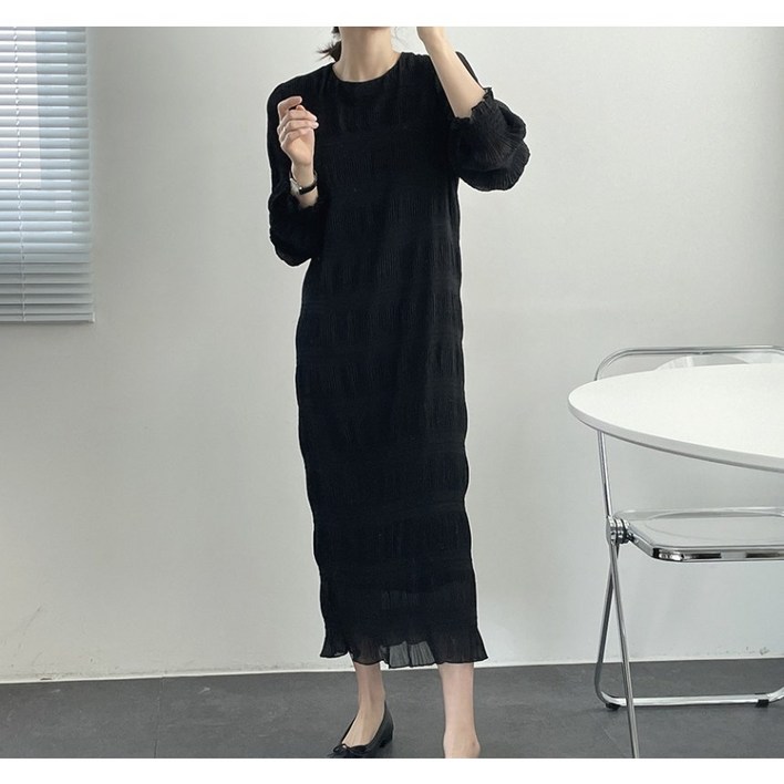 퍼프 쉬폰 라운드넥 플리츠 롱원피스 봄 여름 데일리룩