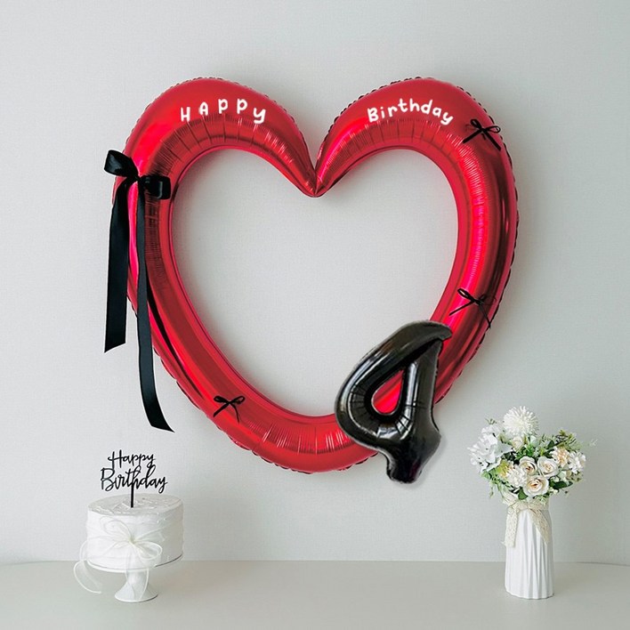 연지마켓 생일 이벤트 하트프레임풍선 블랙 숫자 생일파티 용품 세트 자유레터링, 1세트, 레드하트 숫자 4