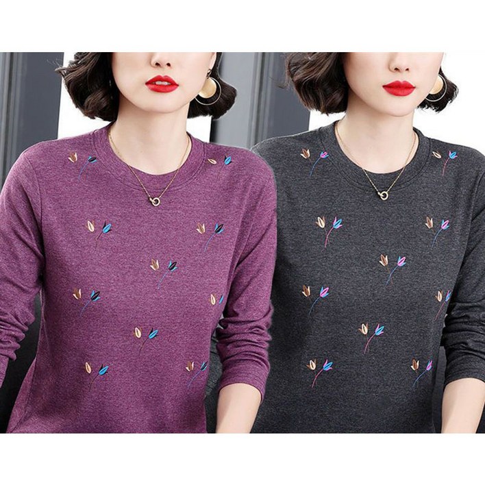 1+1 중년 여성 긴팔 티셔츠 봄 가을 패션 엄마 긴팔 상의 루즈핏 라운드 긴팔티 캐주얼 데일리 이너 레깅스 LJX