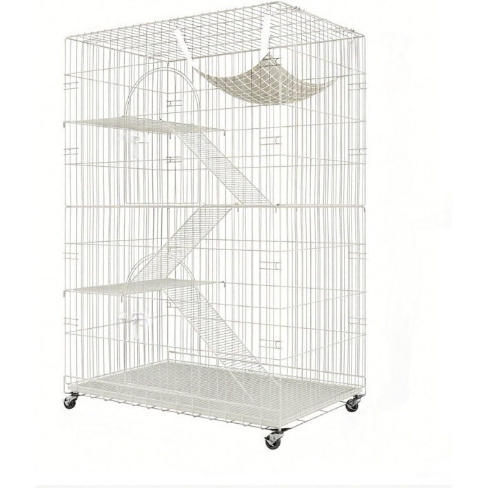리빙가감법 반려동물 고품질 조립식 4단 튼튼한 메탈 간편이동 잠금 가능한 바퀴가 있는 탈출 방지 고양이 철장 이동식 고양이 대형 케이지, 1개, 화이트