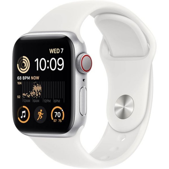 Apple Watch SE(2세대)(GPS + 셀룰러, 40mm) - 흰색 스포츠 밴드가 있는 실버 알루미늄 케이스, S/M(갱신)