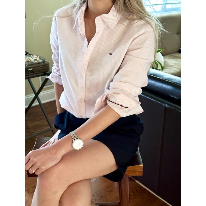 타미힐피거 여성 클래식핏 스트라이프 코튼 스트레치 긴팔 셔츠