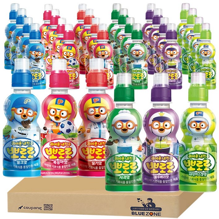 [블루존] 뽀로로 어린이 음료 30개입 선물 세트 (밀크+복숭아+딸기+사과+블루베리+샤인머스캣)x5, 30개, 235ml