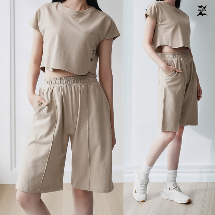 짚신 에센셜 숏슬리브 크롭티  핀턱5부 반바지 2종세트 국내제작