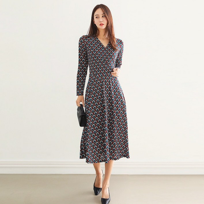 프롬코 여성 긴팔 랩스타일 옆셔링 롱 원피스 FRC122