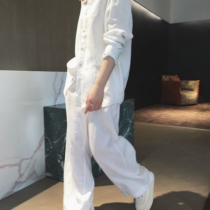 AOKADA 린넨 박시핏 루즈핏 긴팔 바캉스 남방 롱 셔츠 블라우스 와이드 로프 팬츠 여성 상하 세트