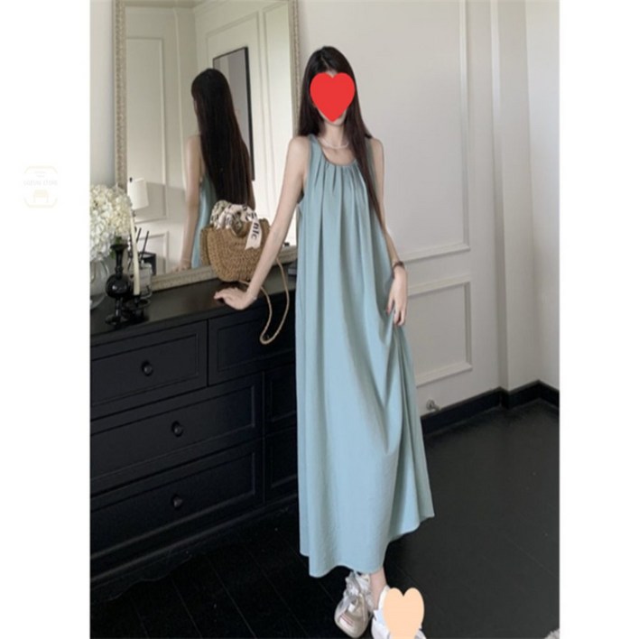 끄니스토어 코튼 셔링 롱드레스 캐주얼룩 루즈핏롱원피스