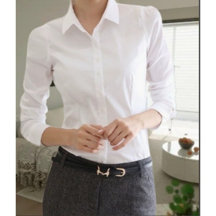 11 여성 슬림핏 스판 셔츠 구김없는 블라우스 화이트 블랙 하늘색 핑크 와이셔츠