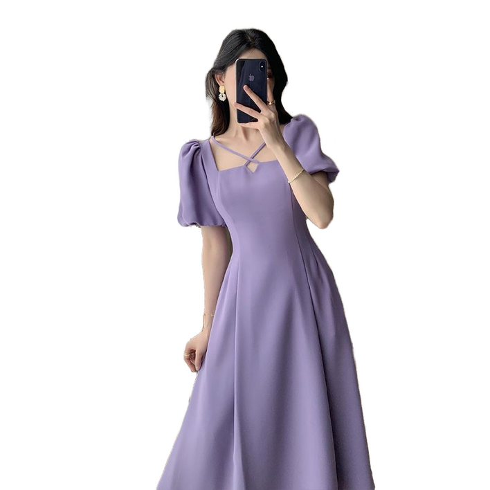 셀럽당 빅 사이즈 스퀘어넥 퍼프 소매 슬림 롱 원피스M1593