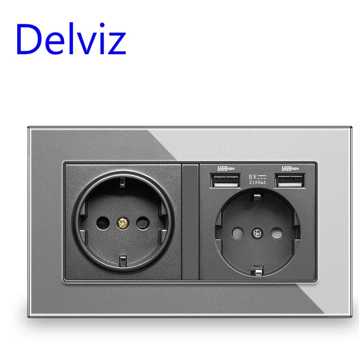 Delviz EU 표준 벽면 소켓 강화 회색 크리스탈 유리 패널 AC 110V~250V 14mm8mm 1A 전원 내장형 이중 콘센