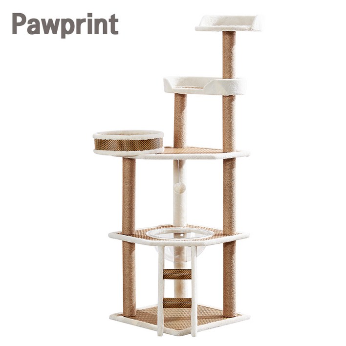 Pawprint 캣타워 - 고양이에게 안정적이고 넓은 공간 제공, 스크래처로 발톱 관리 가능, 튼튼한 내구성으로 오래 사용, 심플 디자인으로 거실 및 작은 공간에 적합