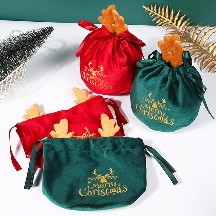 크리스마스 선물 소품 포장 루돌프 주머니 복조리 복주머니 벨벳 파우치 4P 세트