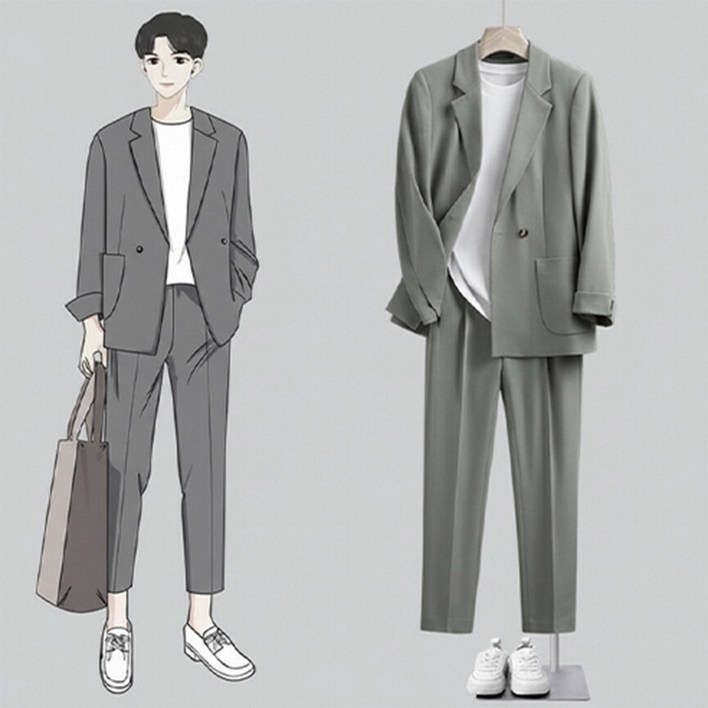 AOUGK 남성 캐주얼 정장세트 오버핏 롱정장 자켓  정장 바지 상하세트 빅사이즈 양복 투피스 면접복