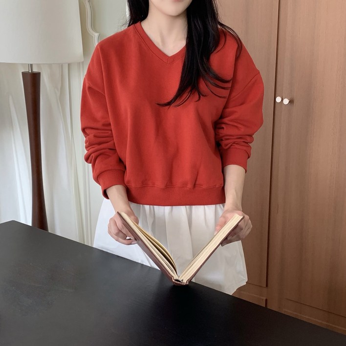 여성 브이넥 맨투맨 3단쭈리 봄 세미크롭 맨투맨 4컬러