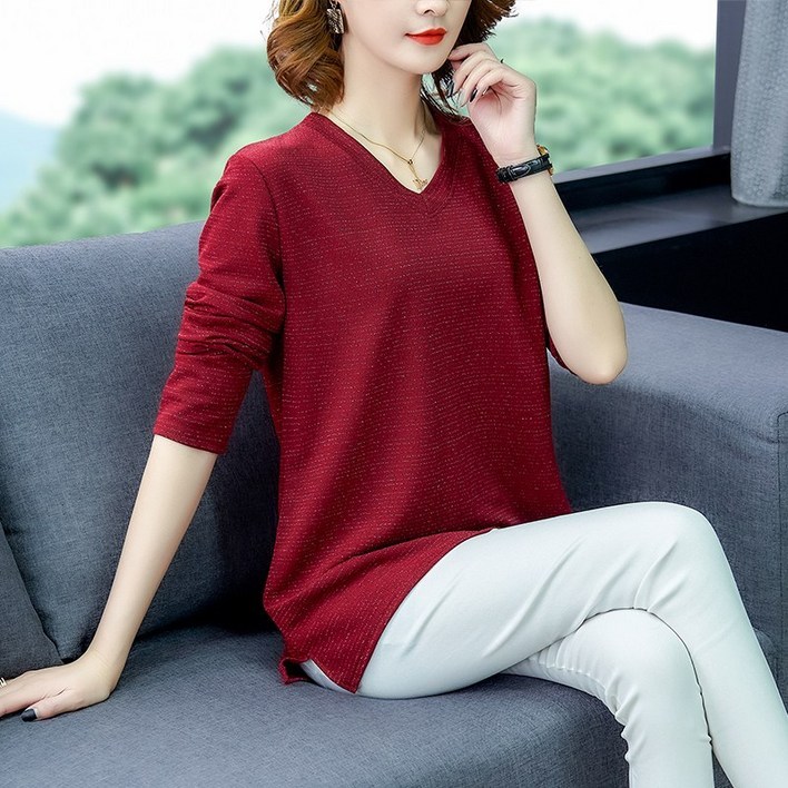 여성 가을 엄마옷 V넥 루즈핏 트임 빅사이즈 긴팔 티셔츠 1399