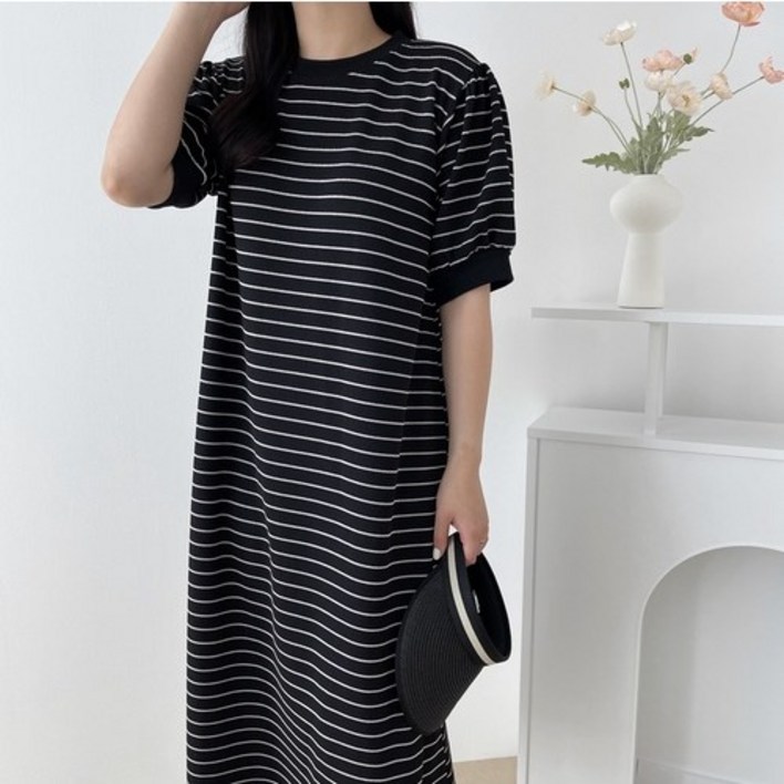 위시엘 단가라 퍼프소매 여름 빅사이즈 A라인 롱 원피스