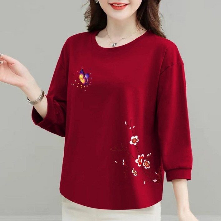 봄 여름 엄마옷 7부 소매 티셔츠 고급 패션 중년 여성 라운드 티셔츠 루즈핏 여름 할머니 반팔 티셔츠 YJW