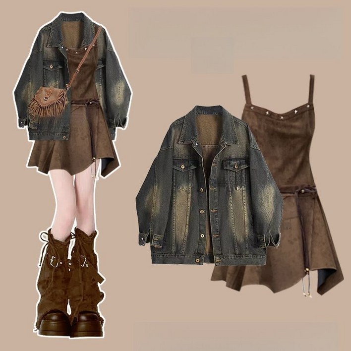 해피유통   봄가을 원피스 세트 여성 빈티지 데님 코트나시 원피스 투피스  BJJ001